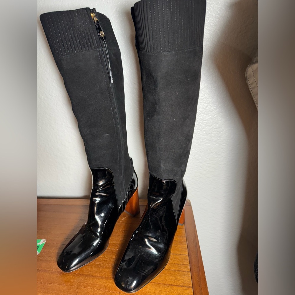 LOUIS VUITTON LV Wooden Heel Patent & Suede High Boots Black Size 39 EU